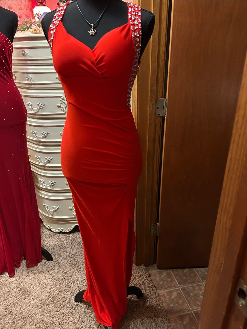 GK Red Embellished Strap Prom Gown